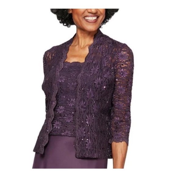 Alex Evenings Embroidered Lace Mock Jacket in Eggplant Color Size 14 - Picture 1 of 4